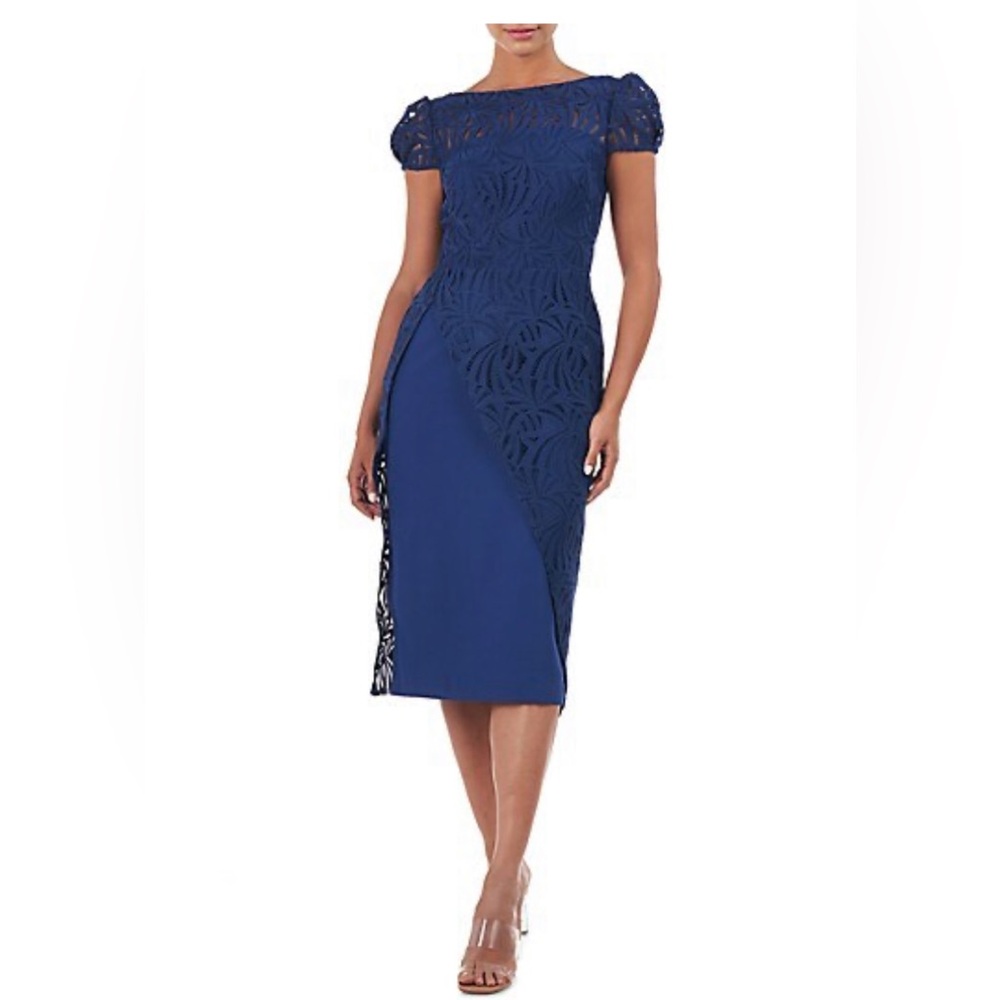 Kay Unger Womens Dress Size 2 Blue Lace Midi-Dress stretch crepe skirt underlay
